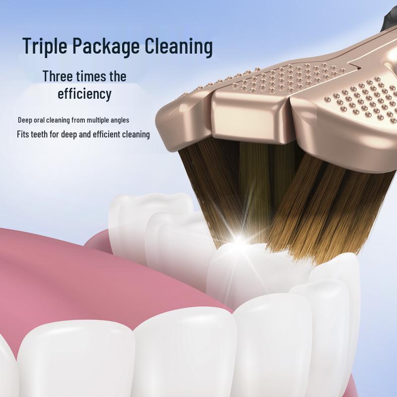 Three-Sided 3D Adult Toothbrush with Soft Bristles and Tongue Scraper