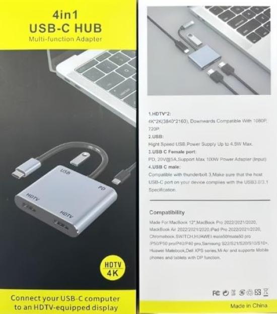 USB To HDMI Dual Adapter with Triple 4K PD and Docking Station for iPad Galaxy and Other Devices Type-C Adapter, Multi-Display Output, 4-in-1 Hub,