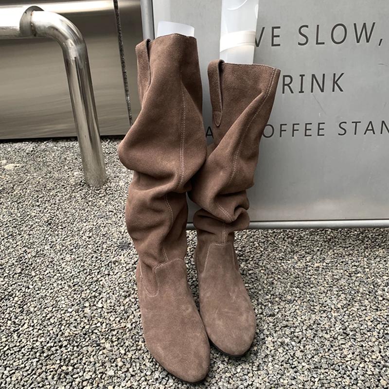 High Boots for Women Flats Knee High Suede Designer Shoes  Winter Fashion Chelsea Boots New Walking Cozy Dress Ladies Boots