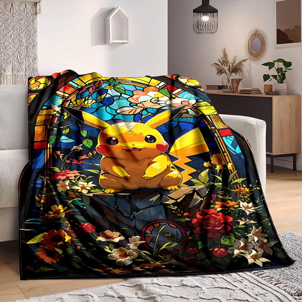 1pc Pikachu StainedGlass Soft & Warm Flannel Blanket, Multi-Purpose Throw Blanket for Couch, Sofa, Office, Bed, Camping, Travel 75X95CM