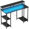 Wendbarer PC-Schreibtisch mit Steckdosen, Lichtern, Monitorständer und Regal, 120x50cm, Schwarz