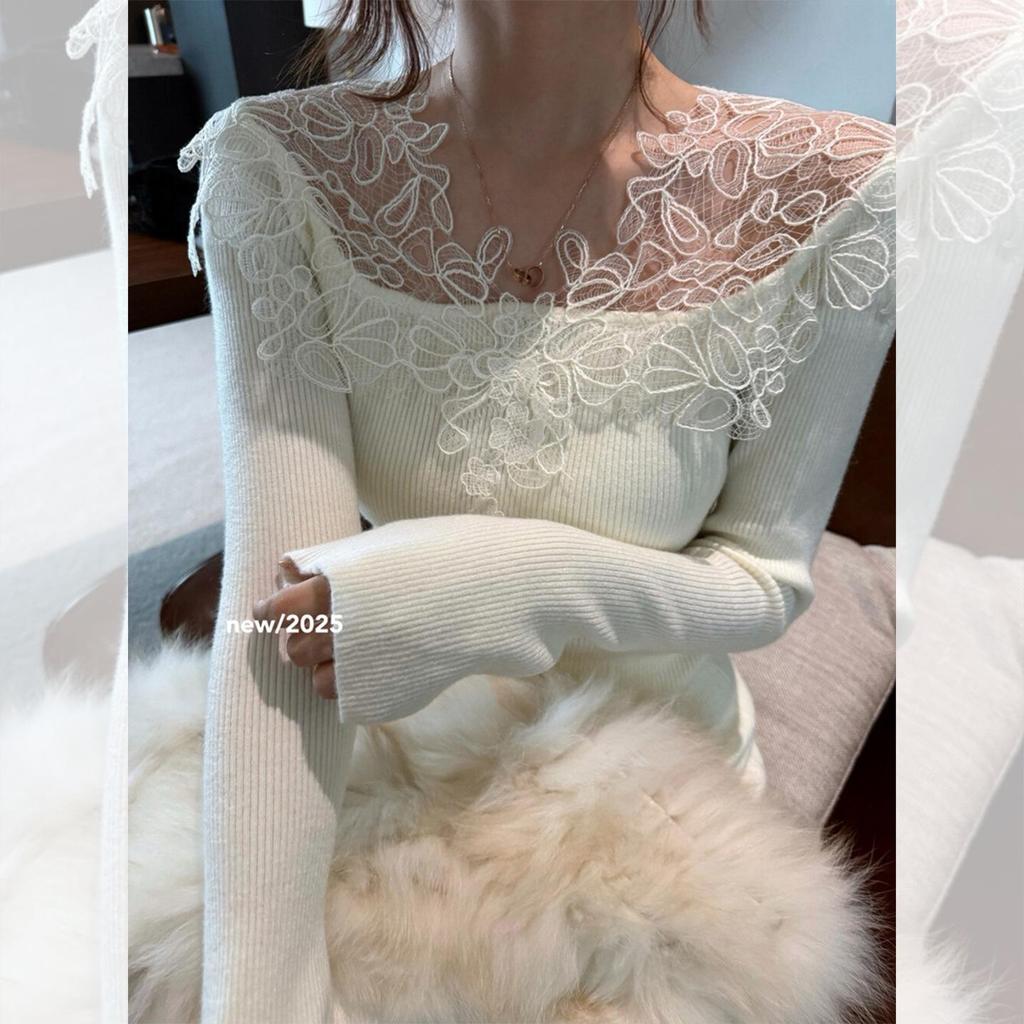 Damen-Basis-Top mit Samt-Spitzenbesatz, Slim Fit, für Herbst und Winter