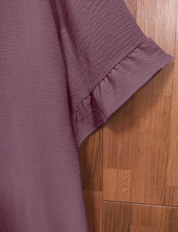 Plus Size Women's Ice Silk Pleated Ruffle Top with Flare Sleeves and Round Neck.