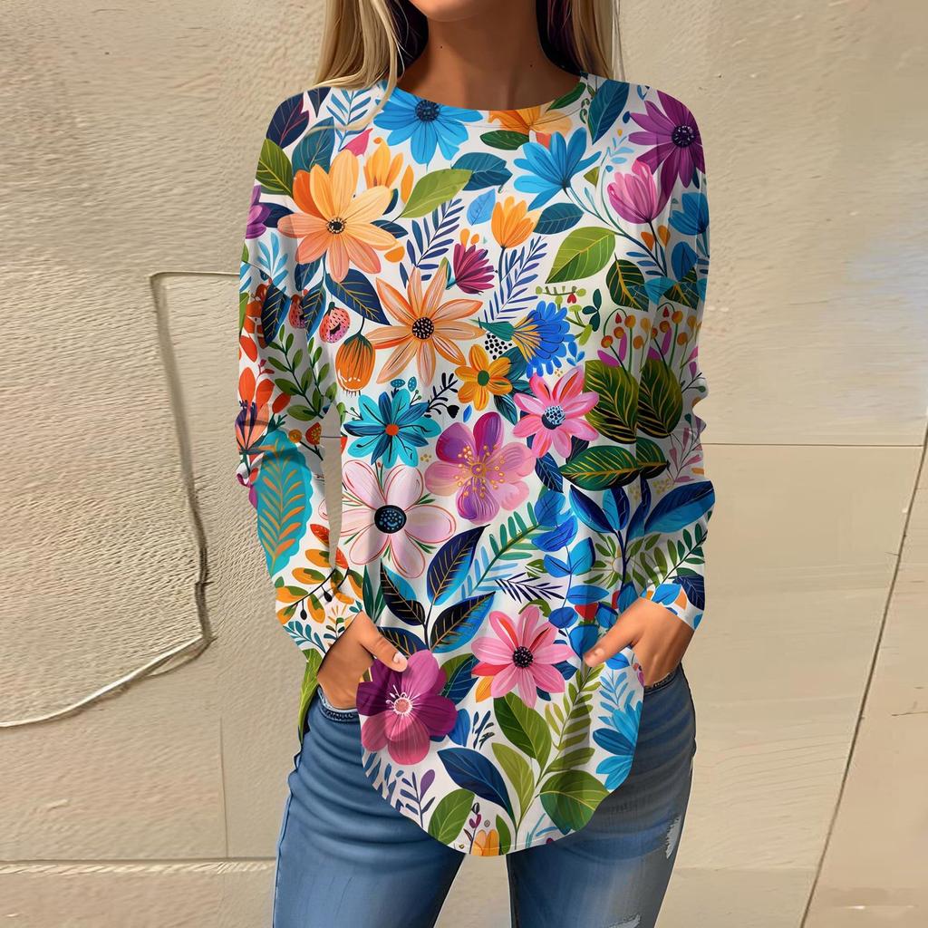 Women's Loose Casual Flower Printed Round Neck Long Sleeved T Shirt Top Pullover Long Sleeved Sweatshirt