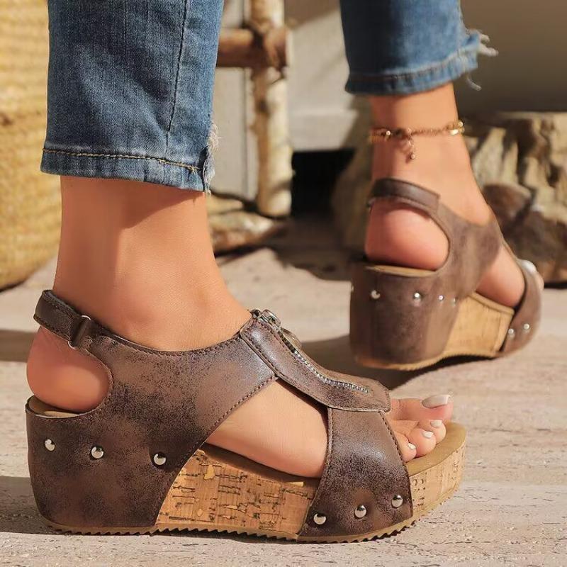Summer New Muffin Platform Sandals Wedge Heel Fish Mouth Sandals One-word Large Size Rivet Open-toed Women's Shoes