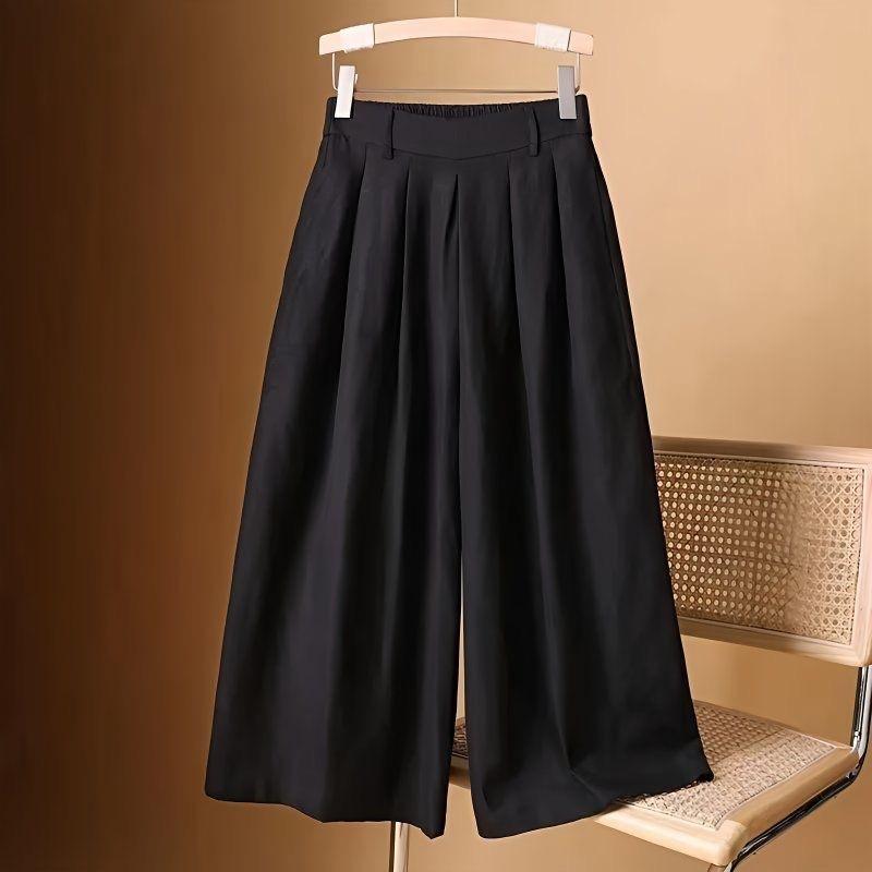 Women High Waist Loose Wide Leg Cropped Casual Summer Culottes Pants M чёрный