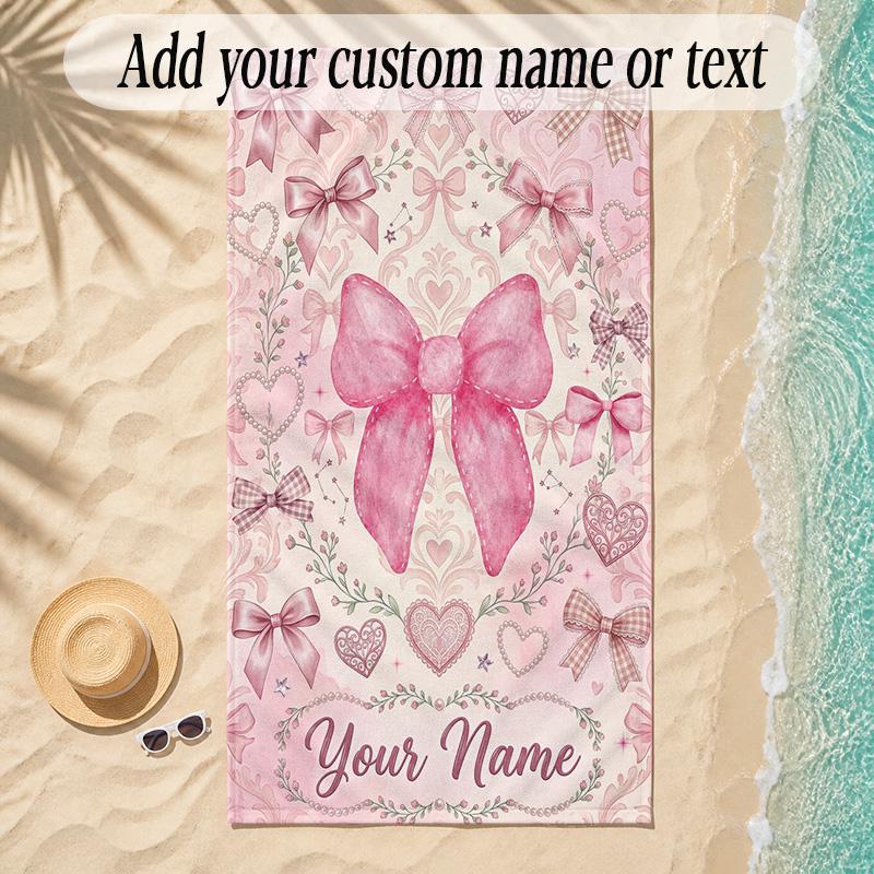 Hearts Theme Soft Beach Towel Personalized Custom Name Text Towel Portable for Beach Pool Travel