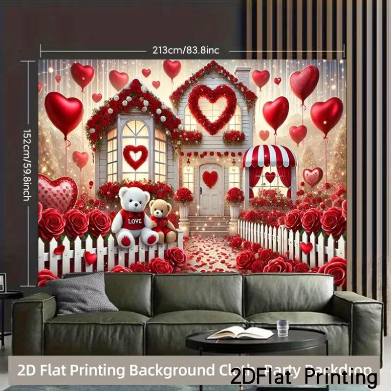 2D Valentine's Day Teddy Bear & Red Rose Photography Backdrop