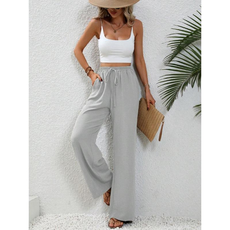 New Women's Solid Color Floor-Length Wide Leg Pants, Elastic Waist with Drawstring, Casual Versatile Trousers for Spring Summer