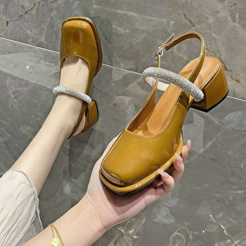 2025 New One-word Diamond Belt Rear Empty Square Head Light Mouth Low Heel Thick Heel High Heels Bag Head Mary Jane Sandals Women
