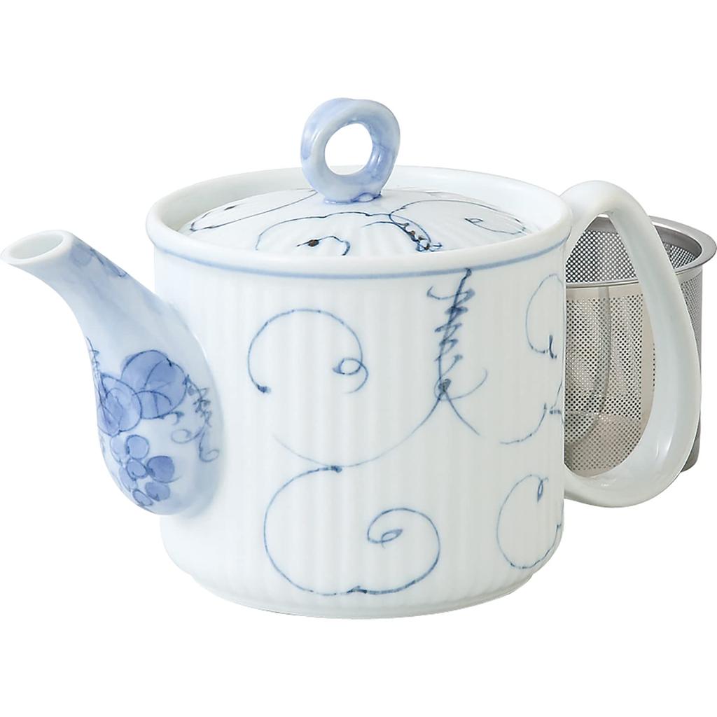 Hasami Ware Lightweight Pot (Small) Arabesque Grape Pattern (with Super Stainless Steel Tea Strainer) 60190
