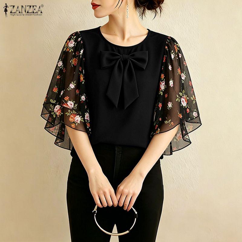 ZANZEA Women Casual Round Neck Floral Print Splice Loose Half Sleeve Blouse S чёрный