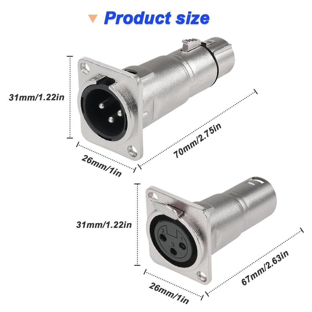 Xiatiaosann XLR Male to Female Panel Mount Socket, 3-Pin XLR Plug to Mount Adapter Microphone Connector for Microphones, Amplifiers, and Audio
