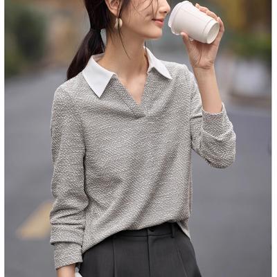 Small Scent Style Contrast Knitted Long-sleeved T-shirt for Women's Spring New Top