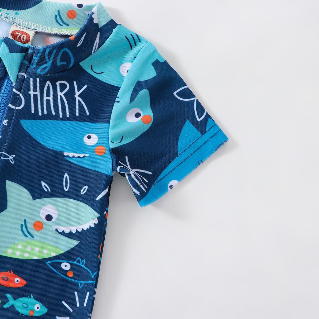 Kids Boys Summer Swimsuit Casual Shark Printed Short Sleeve Zipper Jumpsuit Swimwear Beachwear