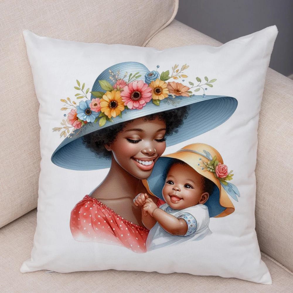 Africa Mom And Baby Pillow Case Decor Cartoon Beautiful Black Women Cushion Cover For Sofa Home Short Plush Pillowcase 45X45Cm