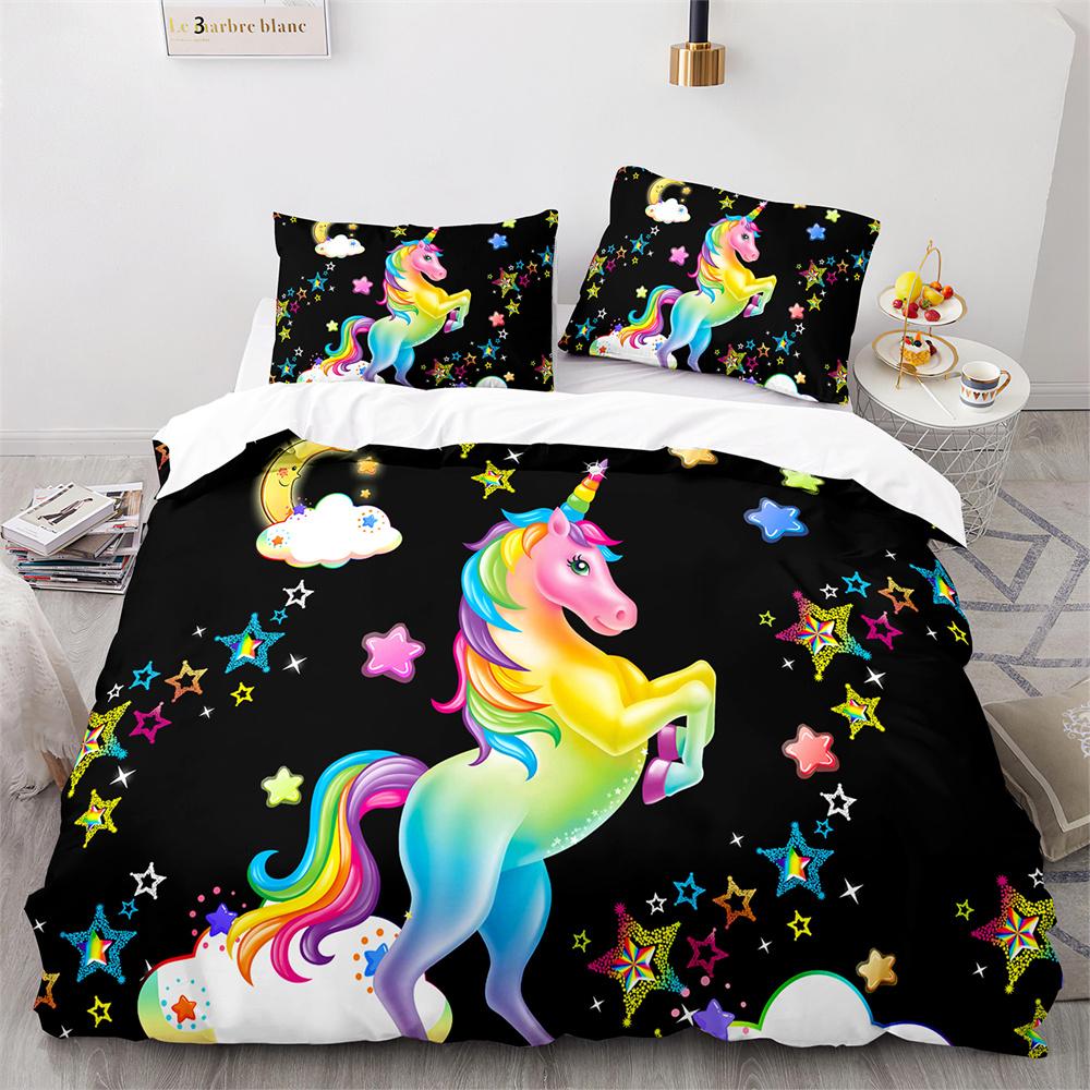 Carino Set Copripiumino Coppia di Pony 3D Unicorno Pony Cavallo Poliestere Coperta Trapuntata con Federe per Bambini Adulti Set Biancheria da Letto