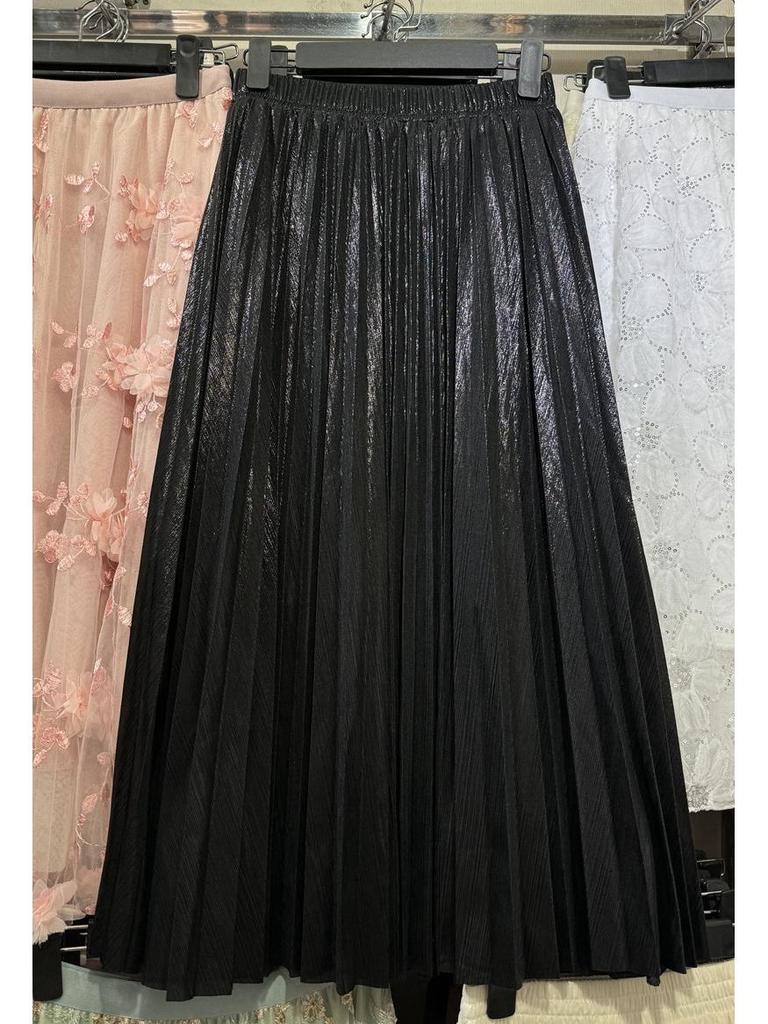 Autumn/Winter 2019 Korean High-Waist Slim Pleated A-Line Skirt with Reflective Metal Details