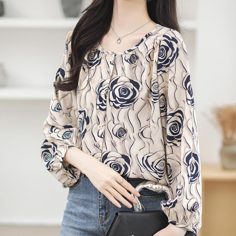 Temperament Round Neck Elegant Casual Shirts Women Tops Spring Long Sleeve Print Floral Loose Blouse Women Vintage Button Up Office Ladies Shirt 26328