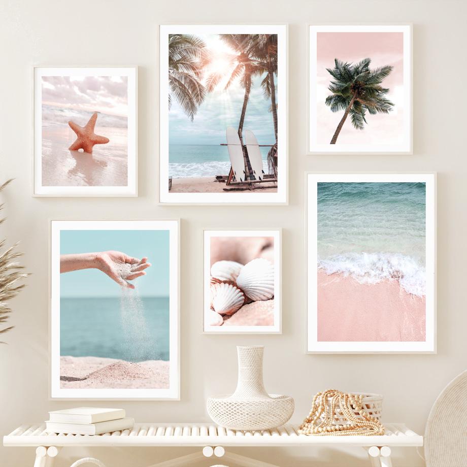 Tropical Pink Beach Shell Palm Tree Sun Posters Prints Canvas Painting Nordic Wall Art Pictures For Living Room Home Decor
