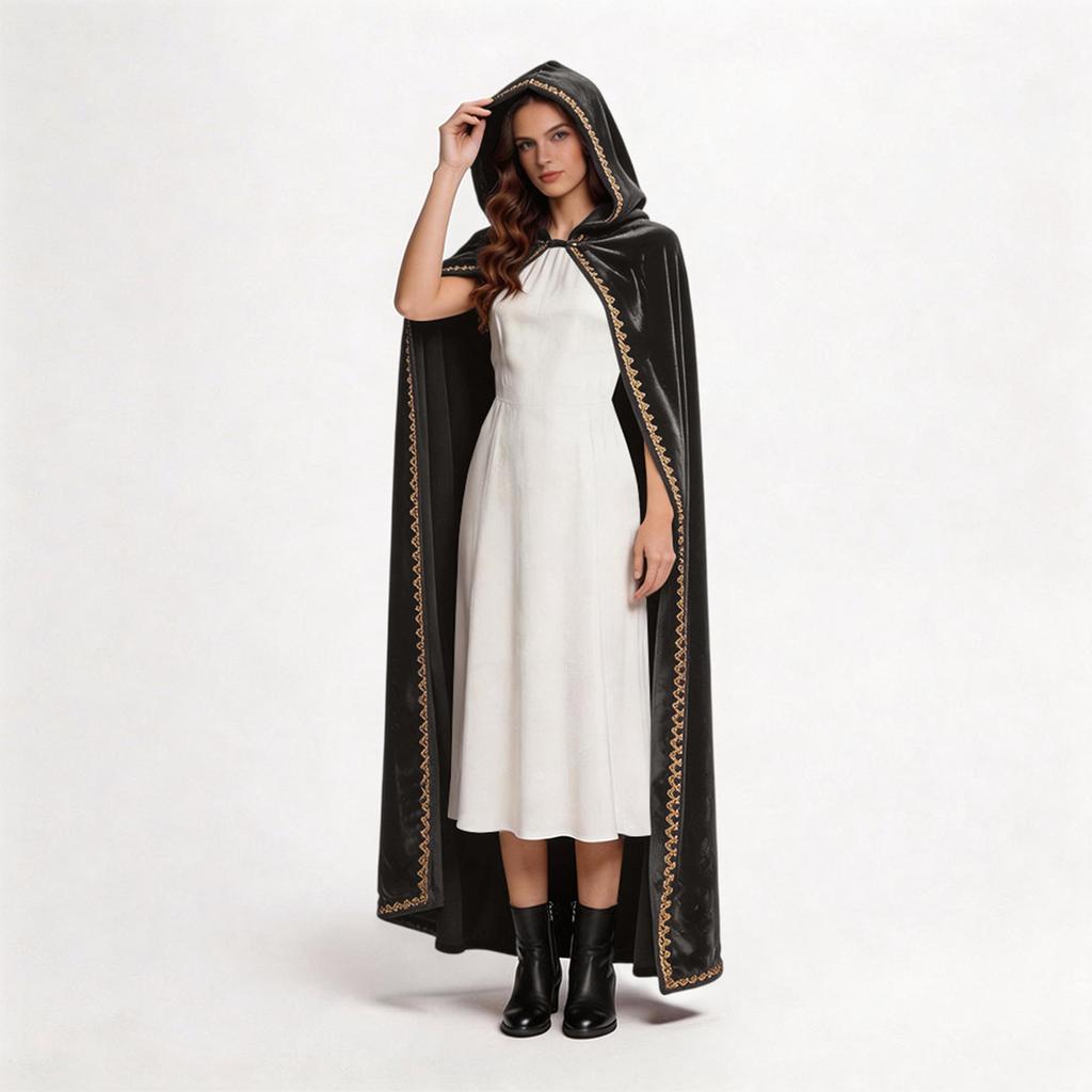 Manteau à Capuche en Velours pour Femme Longue Cape avec Passementerie Décorative pour Costume d'Halloween Cosplay et Événements Thématiques