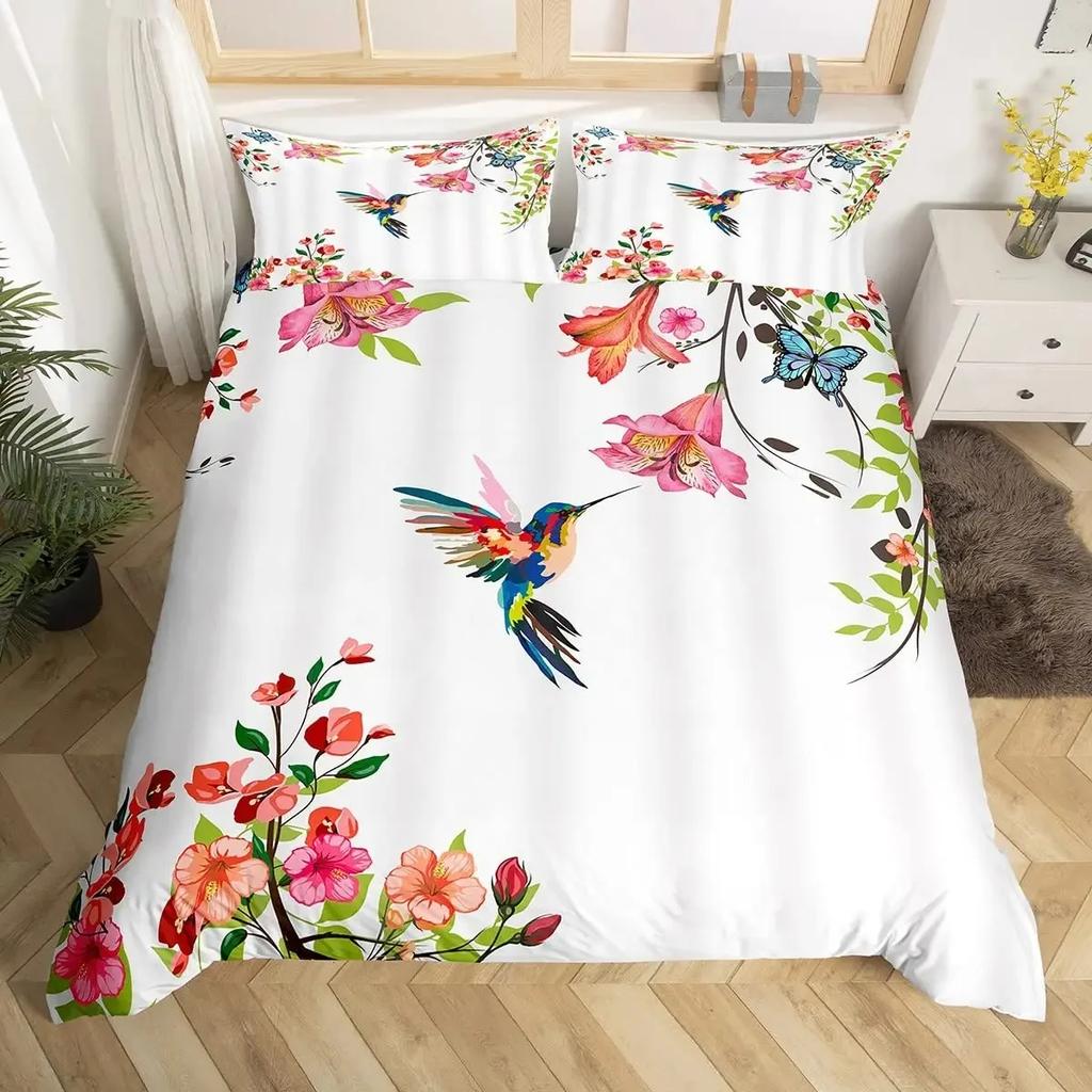 Hummingbird Duvet Cover Set Full Size Girls Garden Birds Farmhouse Flower Floral Bedding Set Hummingbird Lovers Comforter Cover