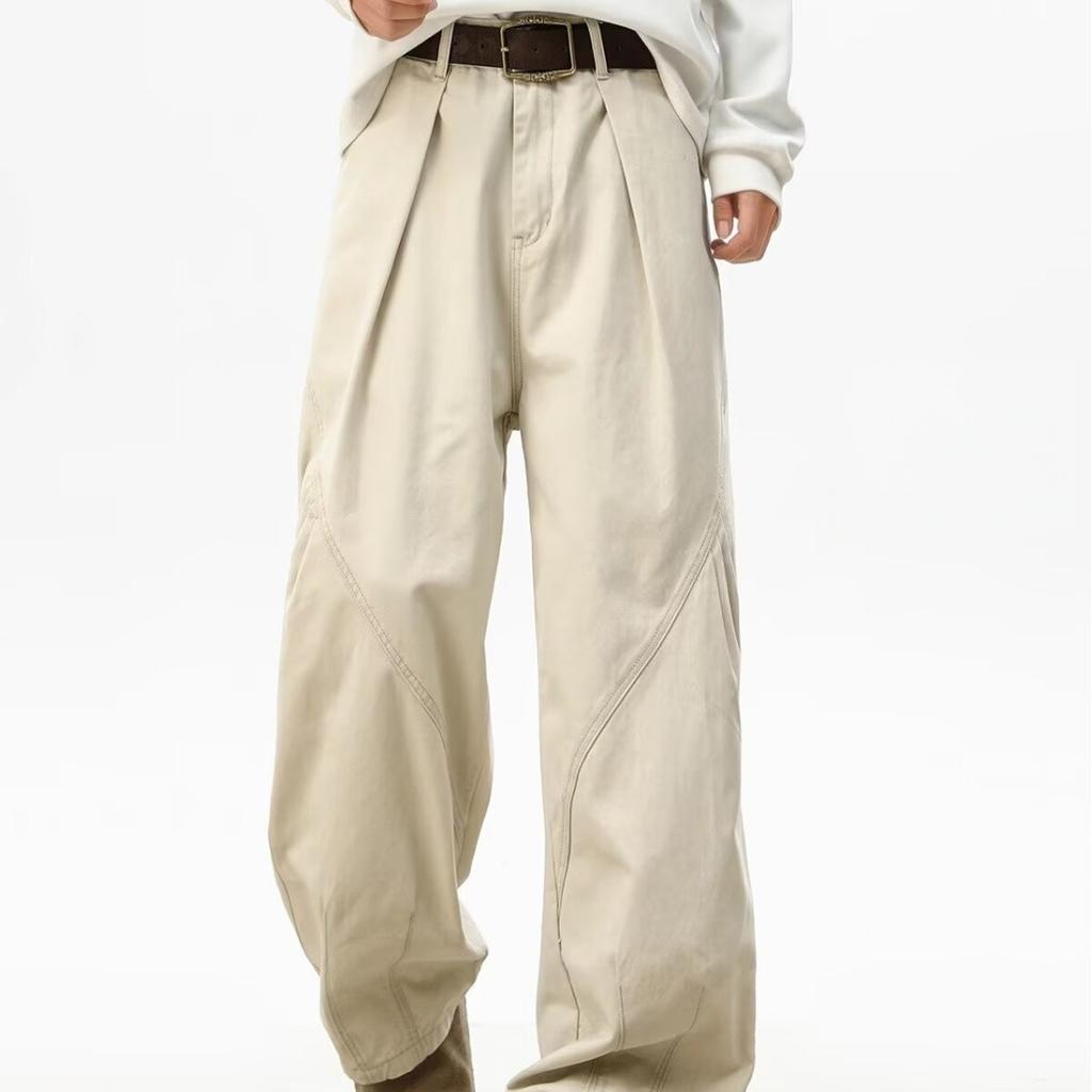 American retro washed overalls men's spring and autumn tide loose pleated versatile drape design straight casual pants