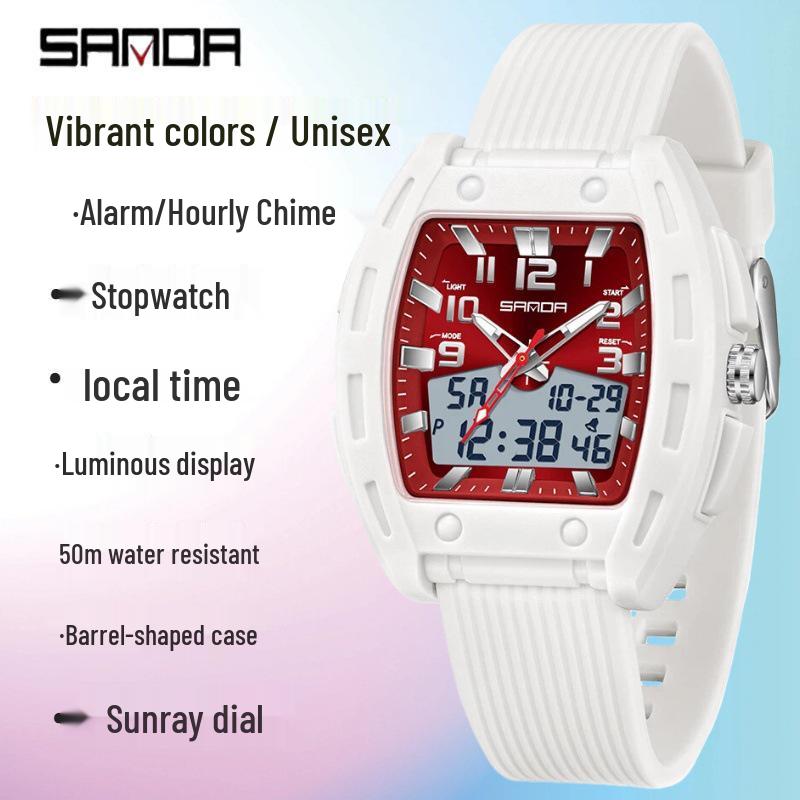 SANDA Men's Waterproof Luminous Sports Watch - Countdown & Multifunctional Barrel-Shaped Electronic Watch with Large Dial