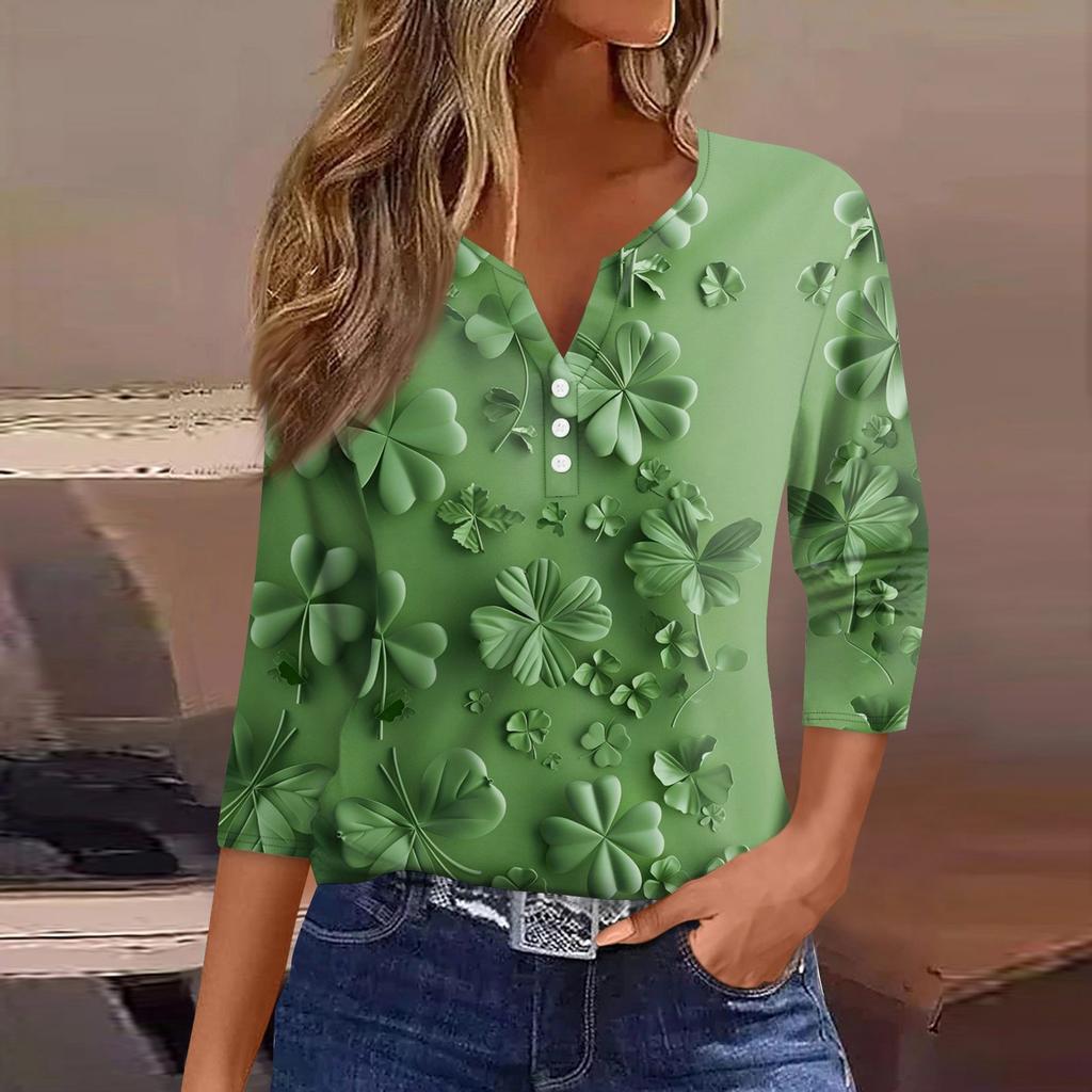 Damen T-Shirt mit Aufdruck „Saint Patrick's Day“ und Knopfleiste, 3/4-Ärmel, für den Alltag und das Wochenende, modisch, Basic, V-Ausschnitt, normales Oberteil