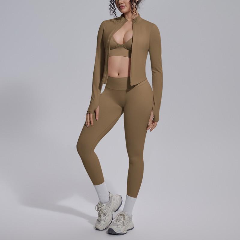 Seamless Yoga Workout Set Zip Jacket Sports Bra V-Waist Shorts Leggings Gym Fitness Outfit
