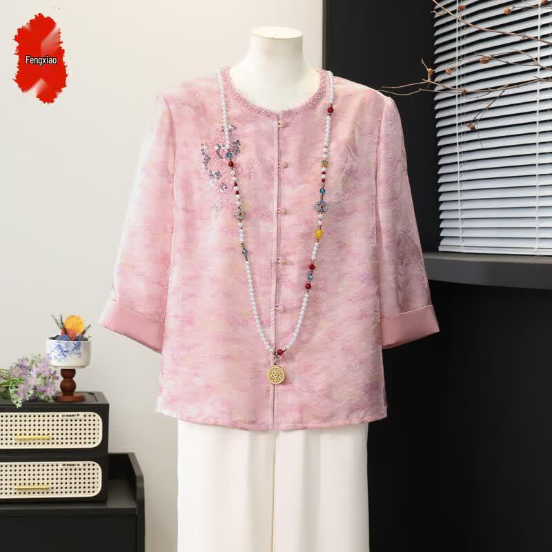 Elegant Women s Chinese Style Floral Summer Blouse 3XL