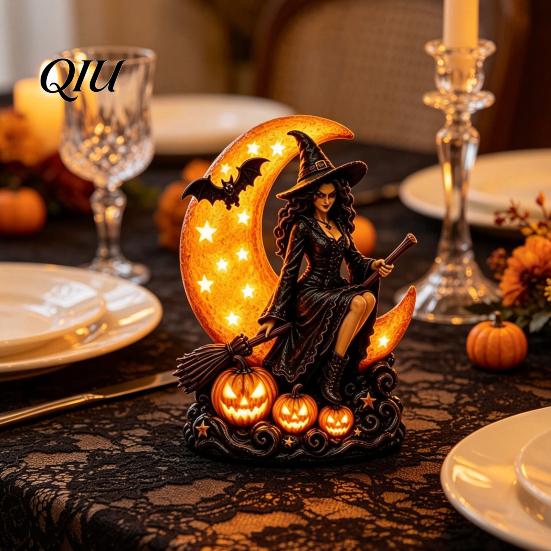 Detailed Fantasy Figurines Halloween Witch on Crescent Moon Decorative Light, Gothic Spooky Shelf Accents Lamp, Resin Figurine for Home Tabletop