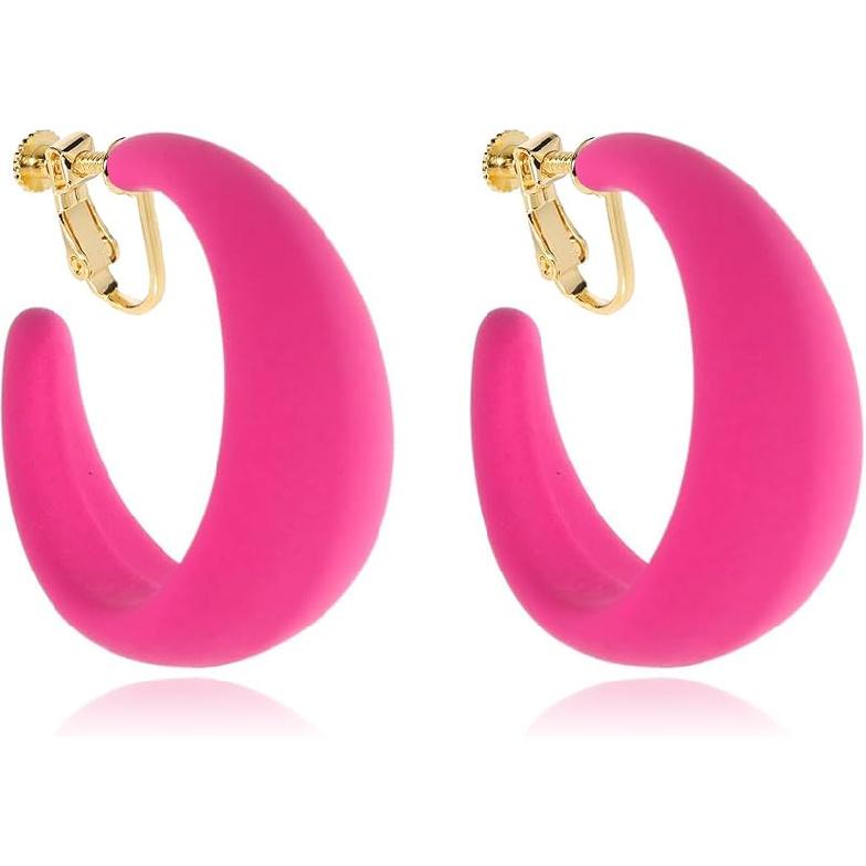 Chunky Clip On Hoop Earrings for Women Detachable Wide Statement Earring Non Pierced 80s 90s Fashion Accessories Vintage Neon Party Jewelry Outfit