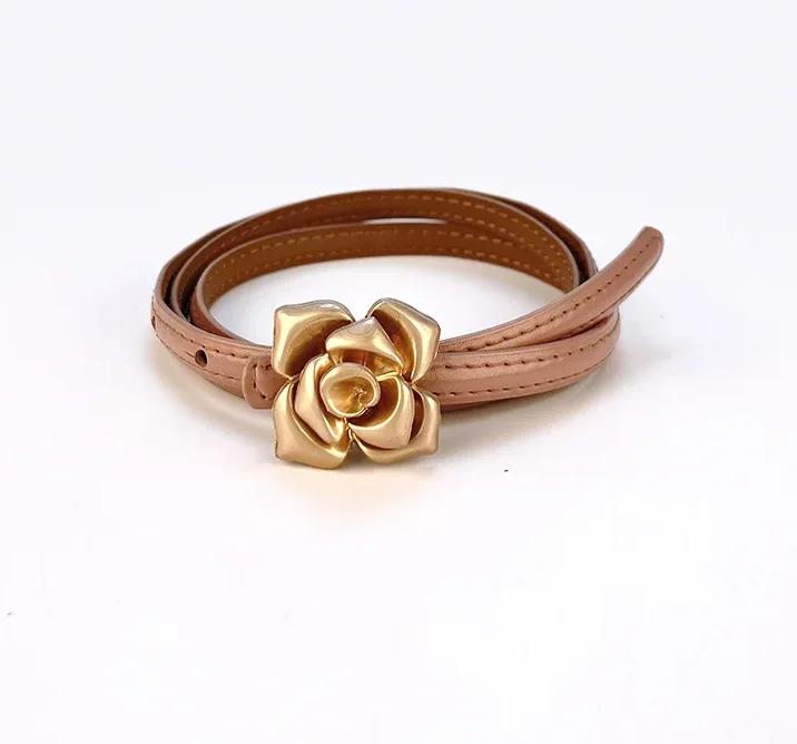 1.0cm New Unique Rose Genuine Leather Gold Belt Women Fashion Cowskin Flower Thin Belts Female Jeans Dress Waistband