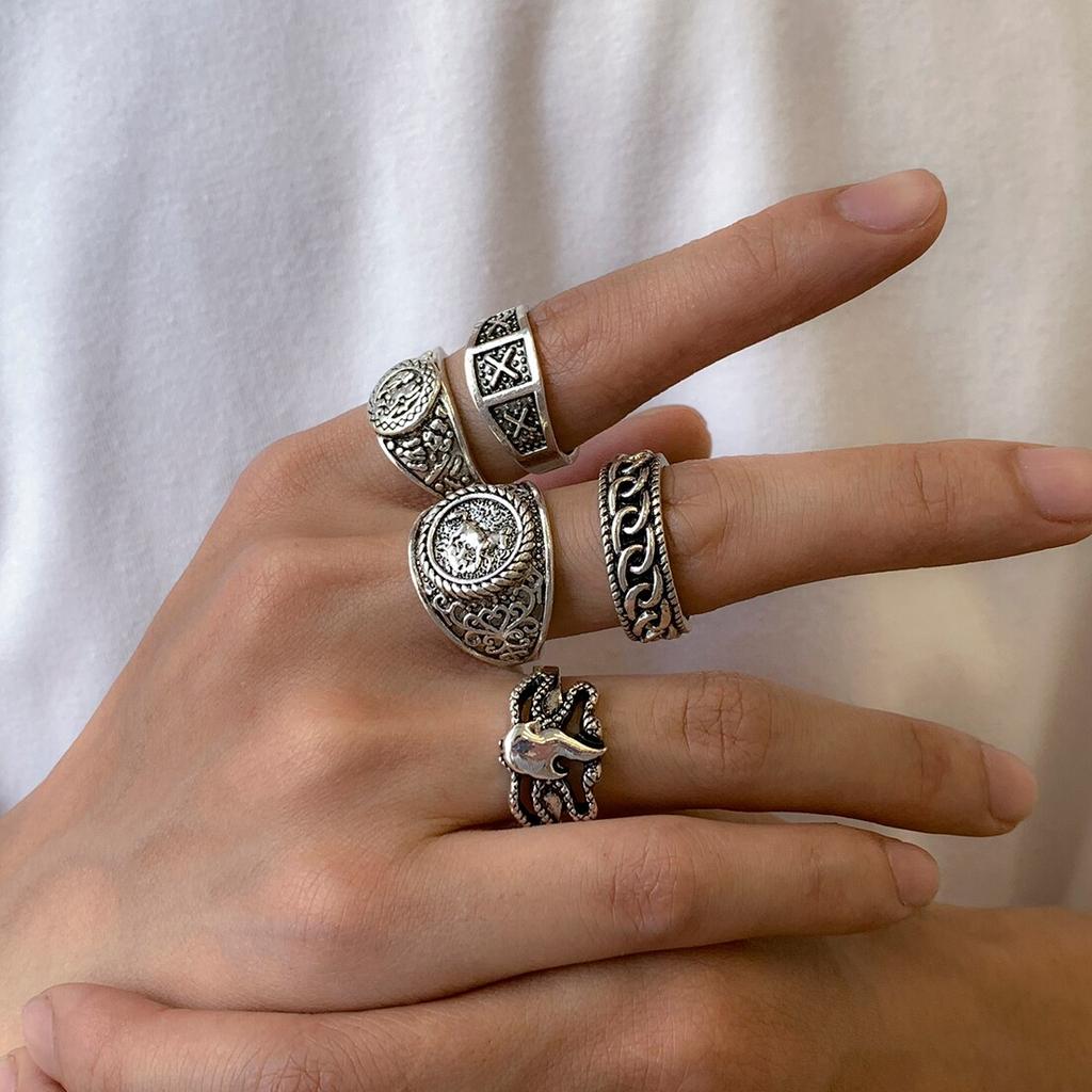 5Pcs Goth Totem Horse Flame Rings for Men Unisex Punk Carved Knuckle Jewelry Antique Silver Steampunk Accessories