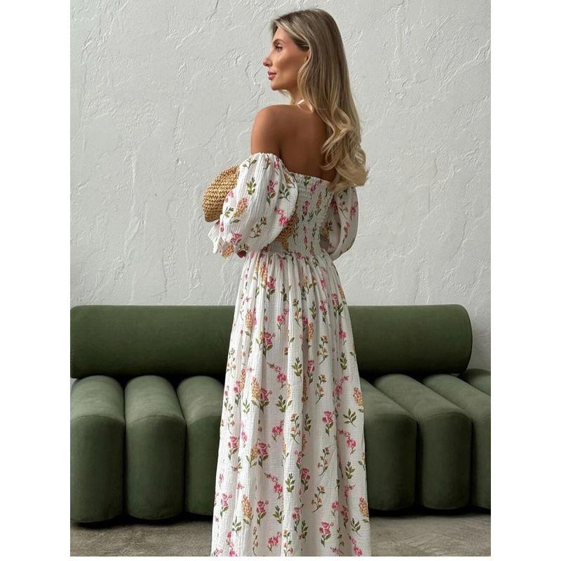 European and American-Style off-Shoulder Sexy Sexy High Waist Floral Pleat Split Lantern Sleeve Long sleeve Mid-Length Dress