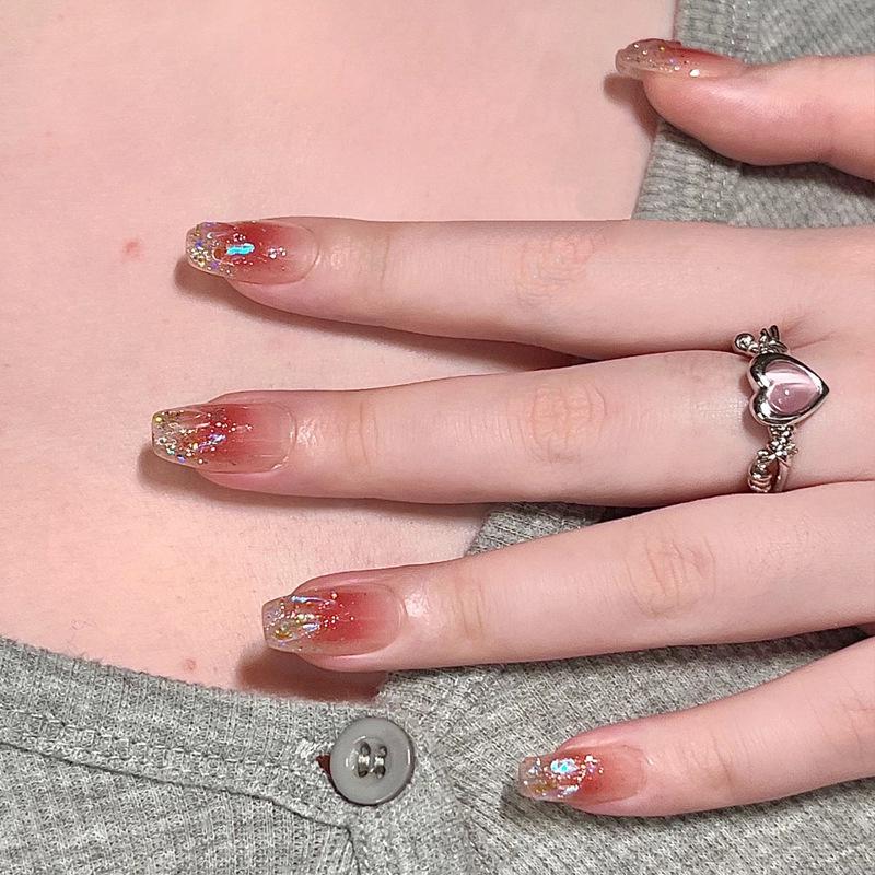 Xiaohongshu Medium-Long Aurora Diamond Blush Nail Patches with Jelly Glue