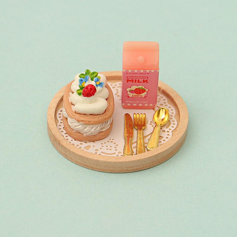 1Set 1:12 Dollhouse Miniature Cake Milk Fork Tray Food Model Kitchen Decor Toy For Doll House Accessories Kids Gift