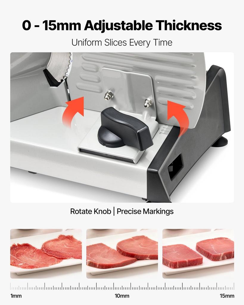 Meat Slicer, 200W Electric Deli Slicer Machine with 190 Mm Sharp Blade, Home Meat-Slicer with 70-100 RPM Slicing Speed, 0-15 Mm Adjustable Thickness,