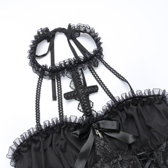 Women's Sleeveless Gothic Lace Dress Vintage Corset Halter Swing Cocktail Dress Victorian Style Black Lolita Punk Dress