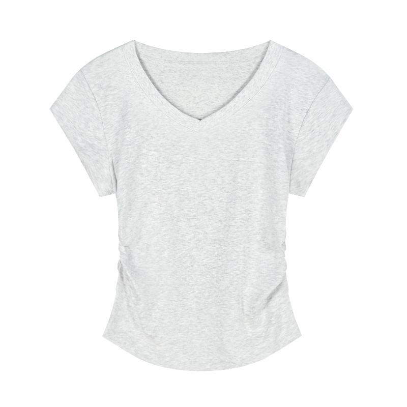

Футболка с V-образным вырезом и короткими рукавами, квадратными плечами, женская летняя дизайнерская рубашка, облегающая, сладкие и пряные модели в стиле, короткие топы XL светло-серый