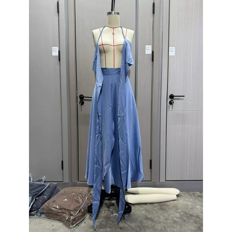 

European and American New Seaside Vacation Tube Top Vest Skirt sets Tie up Vest Half Skirt Set Gemstone Blue S