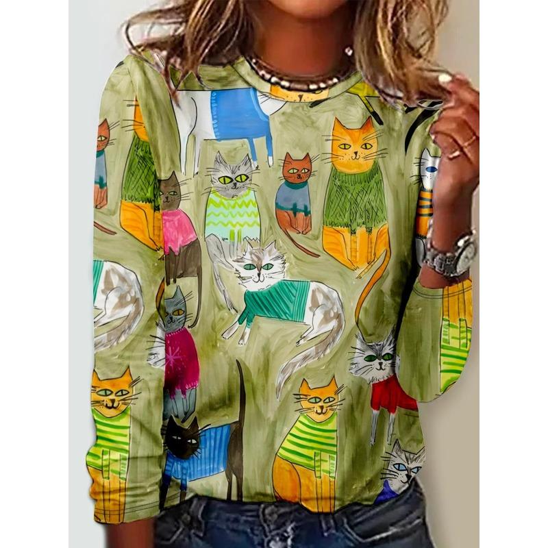 Rundhals 3D Katze Bedrucktes Oberteil Lässige Langarm Damen T-Shirts - Weicher Mitteldehnbarer Polyesterstoff Frühling und Herbst Relaxed Fit Kleidung