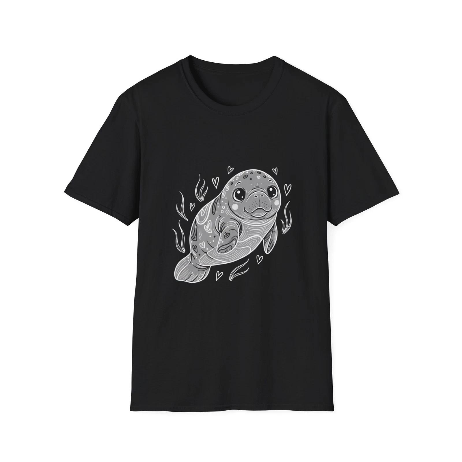 Manatee Cute Kawaii Ocean Animal Black T-Shirt Adorable Sea Creature Print Tee M