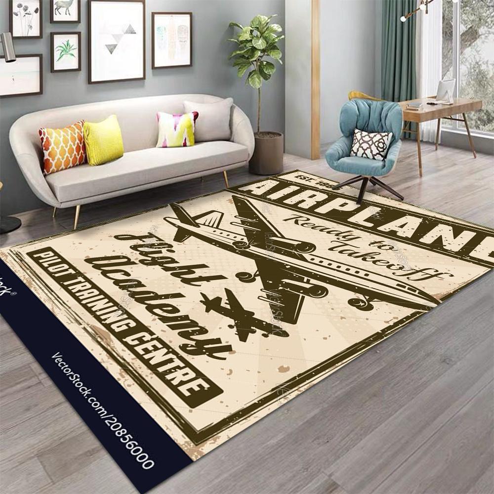 Aviator Theme Carpet Black Airplane Map Design Retro Compass Pattern Large Area Rug for Living Room Home Decor