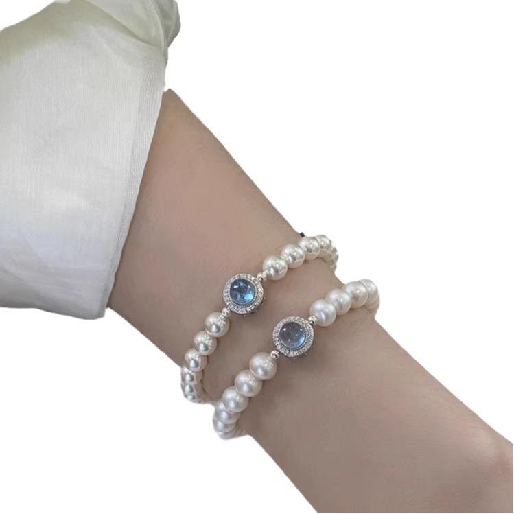 Silver aquamarine pearl bracelet, light luxury niche high-end feel, new popular French-style jewelry