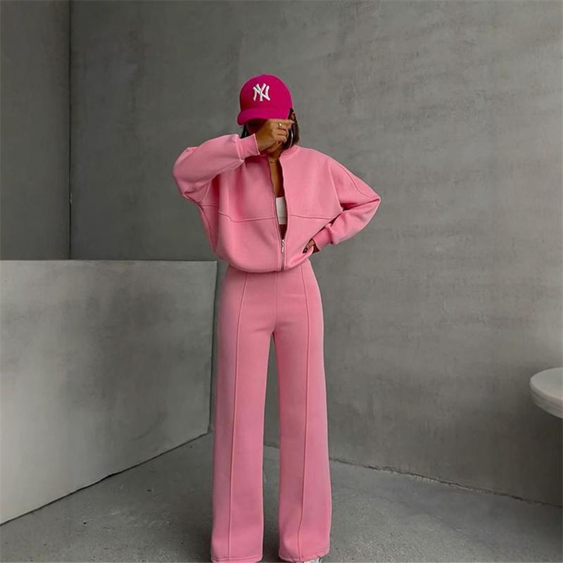 Sweatshirt Two-piece Suit Women's Casual Sets Loose Zipper-up Short Jacket Tops Straight Trousers Sports 2-piece Sets Lady