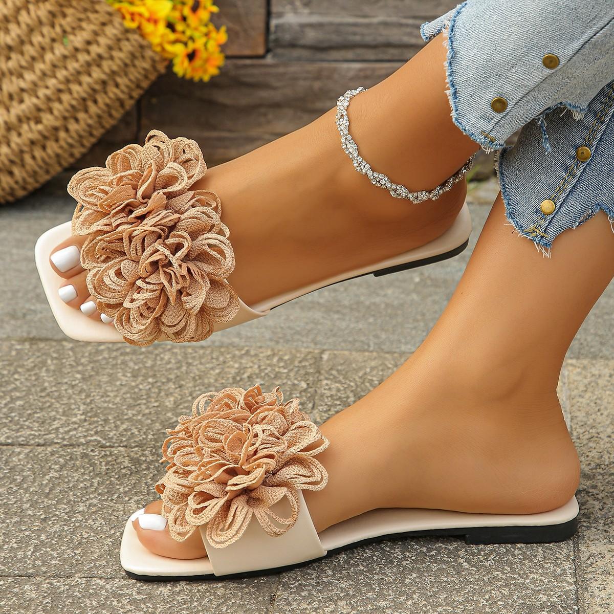 Fashion Crochet Flower Slide Sandals Woman Summer Pink Blue Floral Mule Slippers Ladies Rainbow Color Outdoor Vacation Slip-on Flat Shoe 35 2779₽