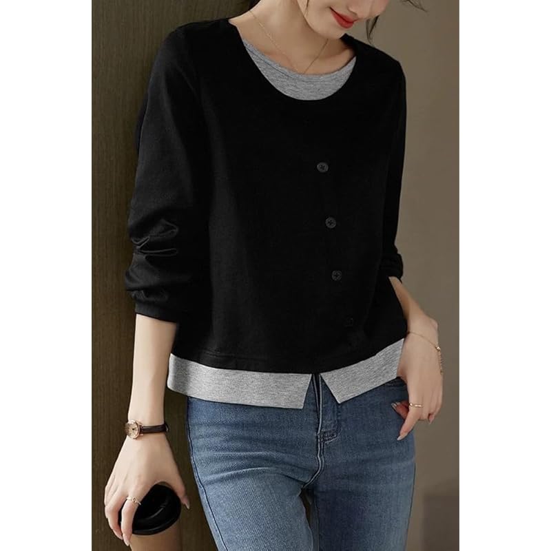 [Sayla] tops long sleeve ladies blouse crew neck T-shirt Plain color trainer switching fake layered pullover Dress slimmer jacket autumn winter spring