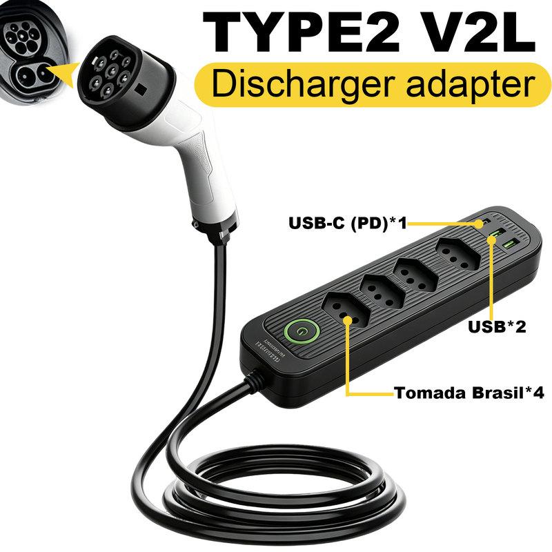 Type2 V2L Discharge Adapter 16A Brazil Socket EV to Outdoor Power Station for BYD MG Jaecoo Geely EX5 Electric Vehicle External Type2 to Brazil